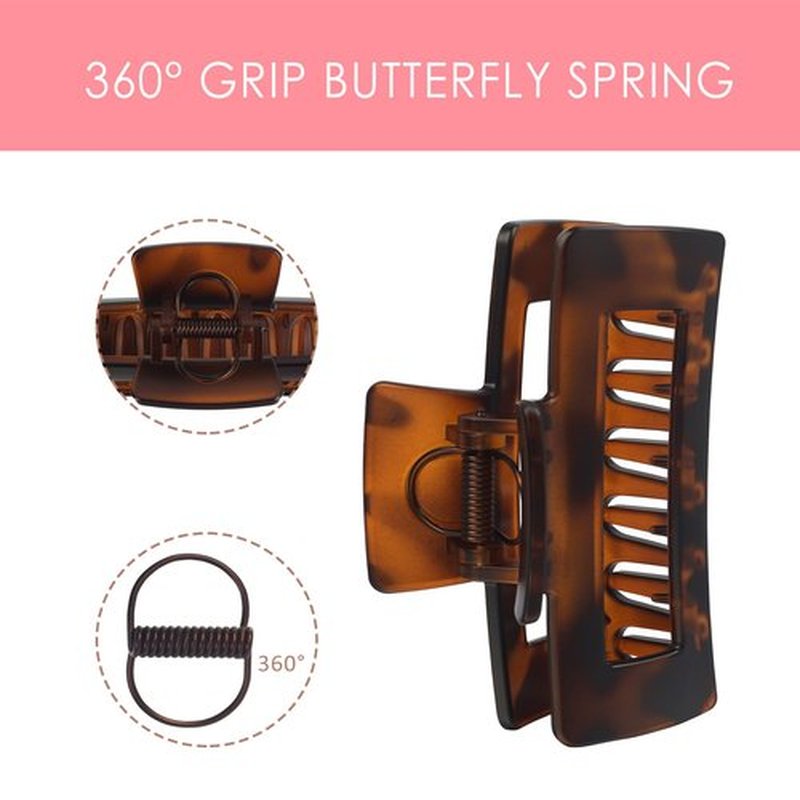 RosyReeds Claw Clip for Women, 4.3" Large 360° Grip Butterfly Spring Hair Clip, Matte Claw Clips 2 Pack - Strong Hold Rectangle Clips, Durable for Thick Hair, Black & Tortoise