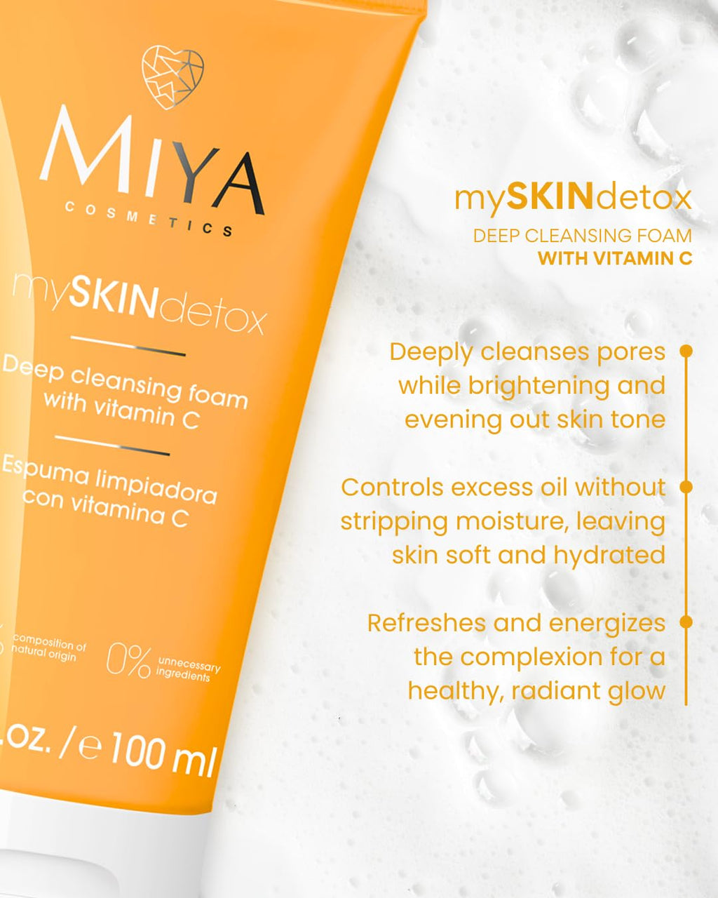 MIYA Cosmetics Vitamin C Foaming Face Wash Gentle Brightening Cleanser for Sensitive Skin, Pore-Minimizing & Refreshing Daily Formula mySKINdetox 3.4 oz