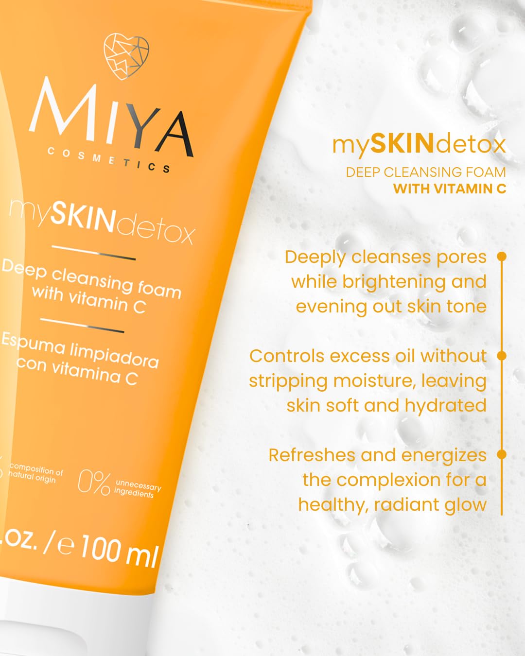 MIYA Cosmetics Vitamin C Foaming Face Wash Gentle Brightening Cleanser for Sensitive Skin, Pore-Minimizing & Refreshing Daily Formula mySKINdetox 3.4 oz