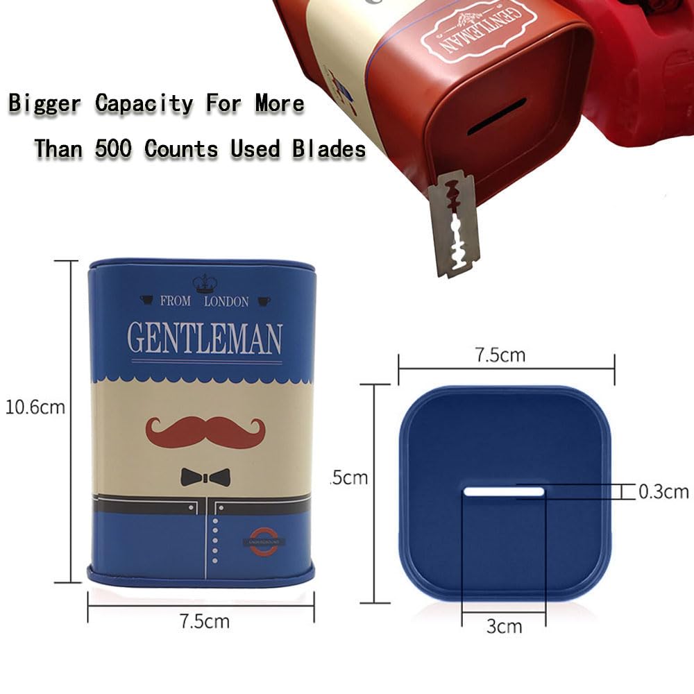DHinkyoung Safety Razor Blade Disposal Case, Used Double Edge Razor Blade Disposal Container, Gentleman Style Detachable Razor Blade Bank with Red Beard Pattern for Salon and Barber Shop (Blue)
