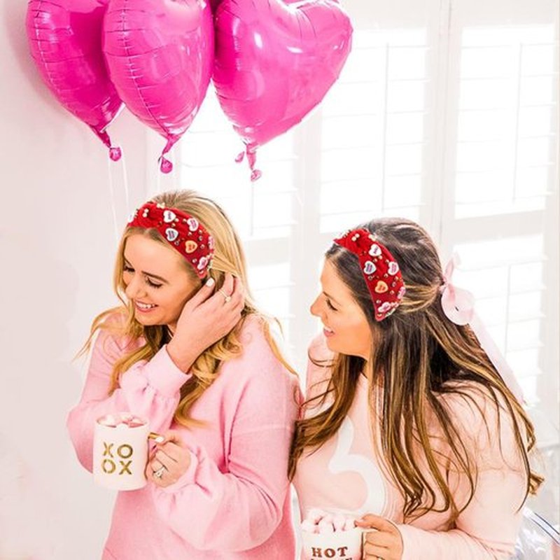 Gosuoa Valentine's Day Headband for Women,knotted Headband for Women,Red Pink Jeweled Rhinestone Crystal Top Knot Headband Valentine’s Day Hair Accessories for Girls Women