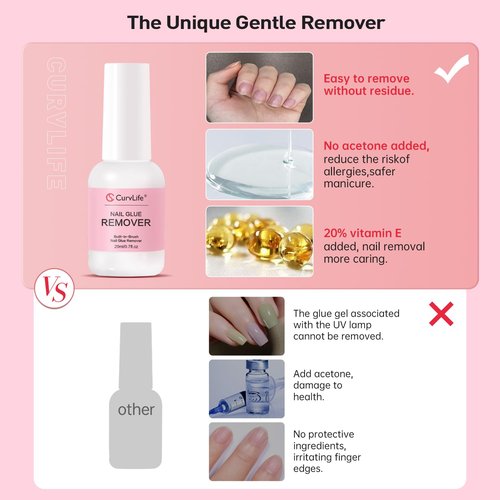 Curvlife Multi-functional Brush-on Nail Glue Remover 20ml for Press On and Fake Nails - Cuticle Pusher for Women