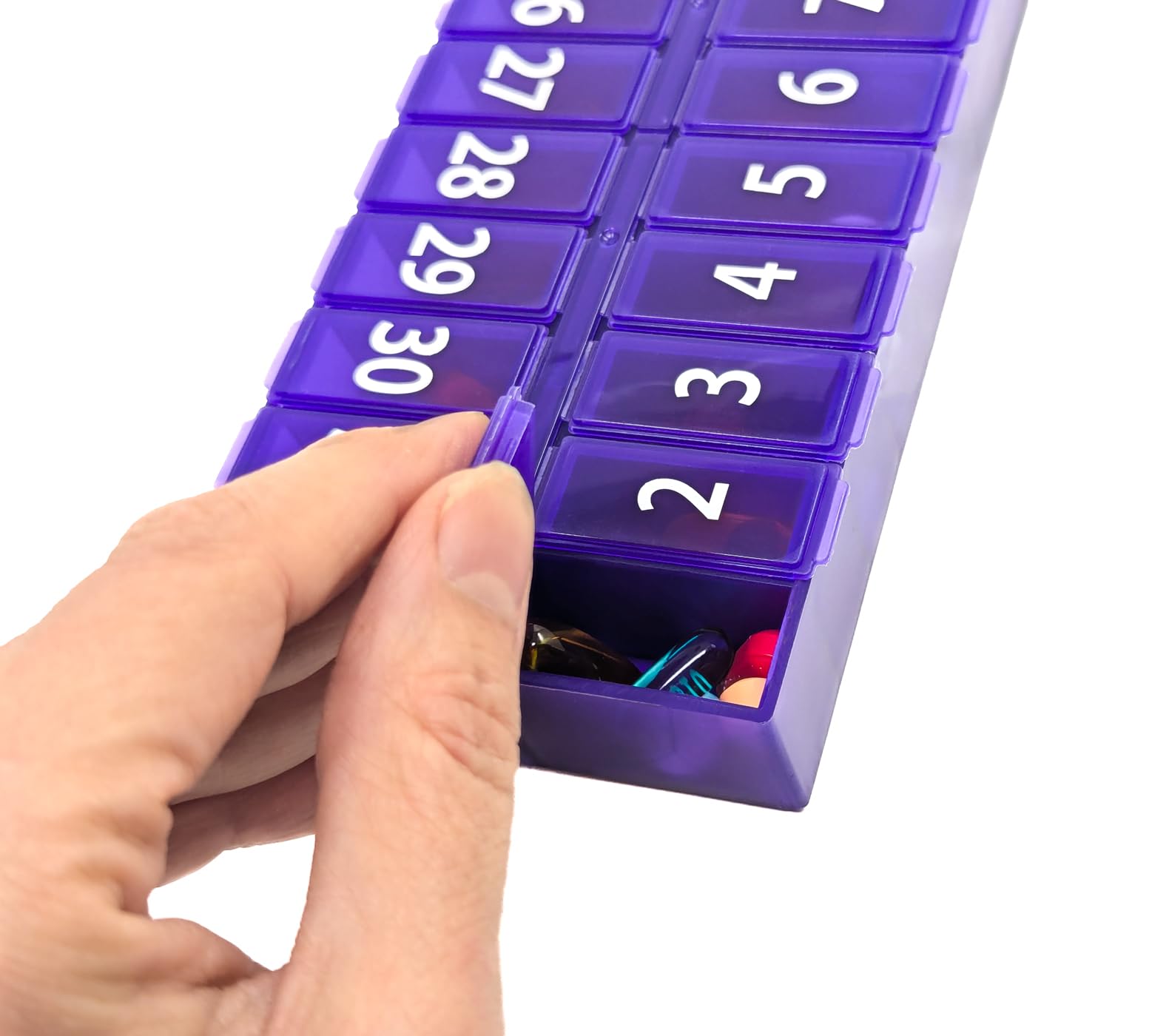 Once-a Day Monthly Pill Organizer Removable Lid for Easy Loading - Large Compartment Pill Box Medications for Entire Month Plus a Compartment for Extra Pills BPA Free