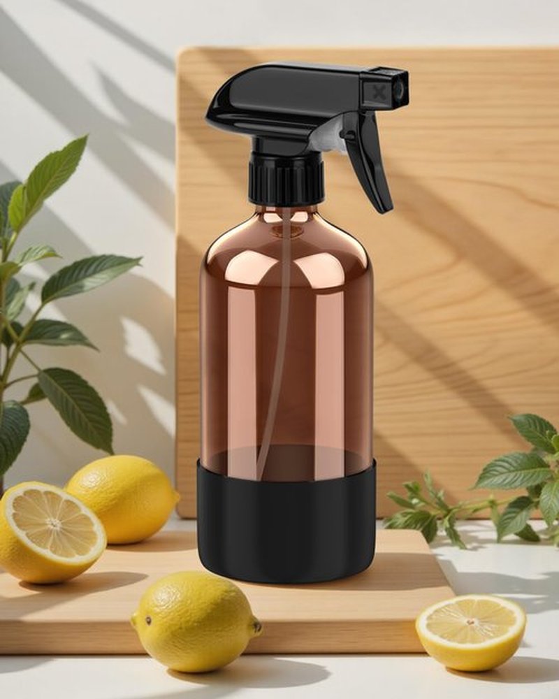 Bontip Amber Glass Spray Bottle - 16 oz Refillable with Silicone Sleeve for Cleaning & Aromatherapy (Black Sleeve)