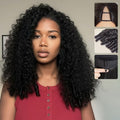 mscoco V Part Wig Human Hair Burmese Curly Glueless Wigs Human Hair Clip In Upgrade U Part Human Hair Wig with Drawstring 180% Density Natural Black 16inch
