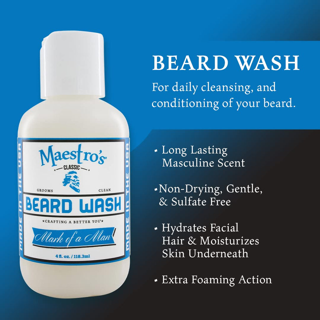 Maestro's Classic BEARD WASH | Anti-Itch, Deep Cleaning, Non-Drying, Fully Hydrating Gentle Cleanser For All Beard Types and Lengths- Mark of a Man Blend, 8 Ounce