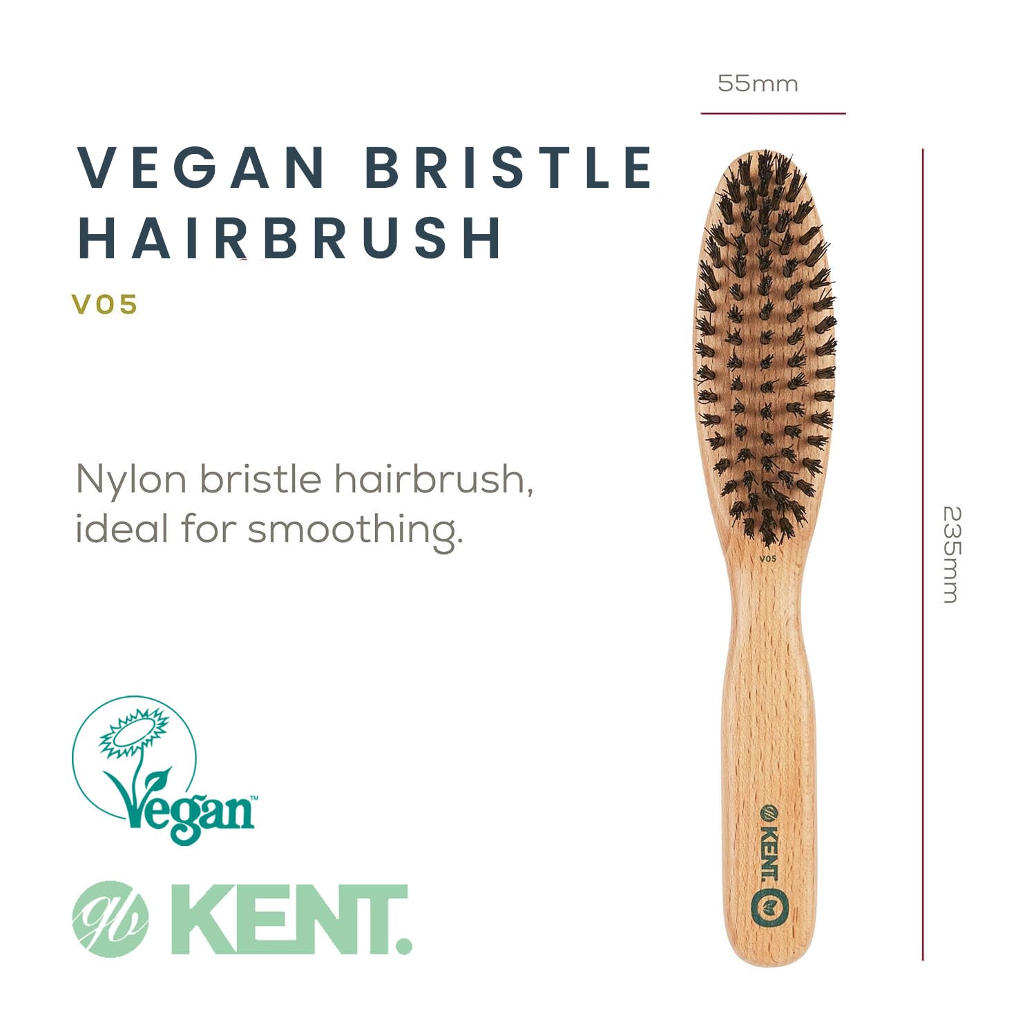 Kent V05 Vegan Boar Bristle Hair Brush and Beard Brush for Men, Eco Friendly Bristle Brushs for Smoothing Hair, Taming Beards and Mustaches (Large)