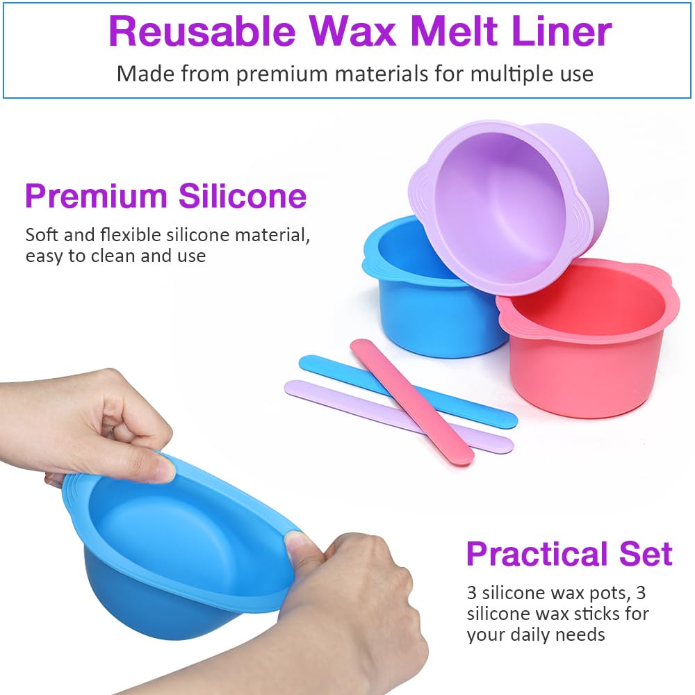3PCS Silicone Wax Warmer Liner, Reusable Silicone Wax Pot Liner with 3 Pcs Silicone Wax Sticks, Melt Warmer Wax Pot Replacement, Wax Melt Liners
