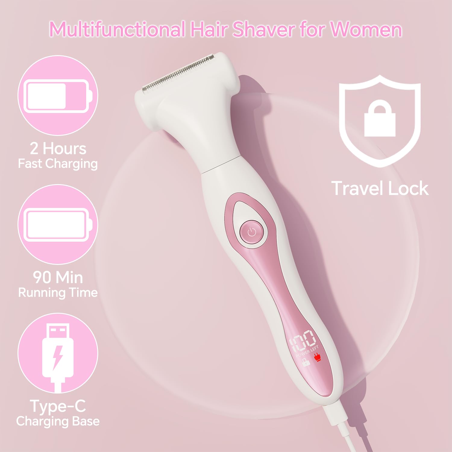 Electric Razor for Women 4-in-1 Bikini Trimmer & Body Shaver for Face, Legs, Underarms, Pubic Hair – Rechargeable Wet/Dry Painless Hair Removal with LED Display (Pink)
