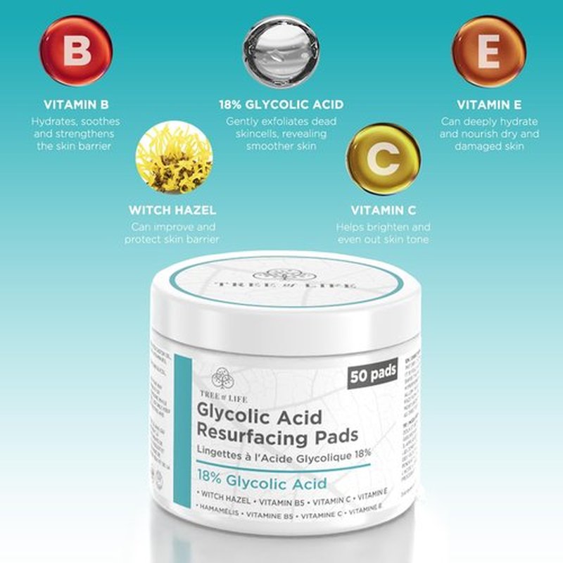 Tree of Life Beauty 18% Glycolic Acid Pads for Face (50 Pads) - Exfoliating Pad for Face with Witch Hazel, Vitamin C, Vitamin B5 and Vitamin E - Smooth Pore Pad Reduce Pigmentation and Fine Lines