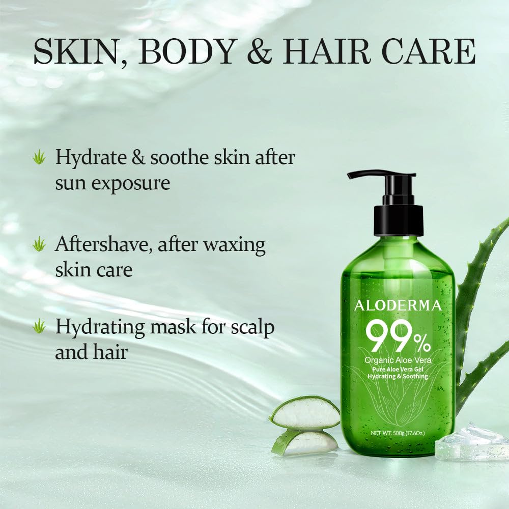 Aloderma Aloe Vera Gel - Large 17.6oz Value Pump - Made within 12 Hours of Harvest with 99% Organic Aloe Vera, Lightweight, Non-Sticky for Sunburns, Natural, Soothing Aloe Vera for Face & Hair