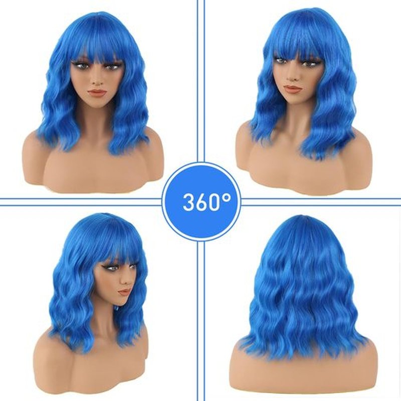 HWHRGL Blue Wigs with Bangs for Women 14inch loose wavy bob Wig With Bangs Curly Wavy Shoulder Length Bob Synthetic Wigs Colorful Wavy Wigs for Cosplay Daily Party Use Halloween Wig (Blue, 14 Inch)