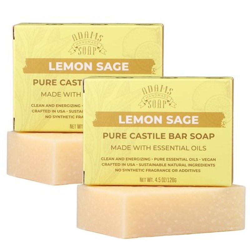 Adams Handmade Soap Lemon Sage Pure Castile Bar Soap – 4.5 oz | Vegan, Cold Process, Essential Oils, 84% Organic, Fair Trade, No Additives, USA Made