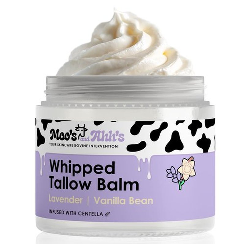 Moo's and Ahh's Whipped Tallow Balm - Beef Tallow for Skin with Organic Centella and Olive Squalane | Grass-Fed Beef Tallow Face & Body Moisturizer for Dry Skin (2 Oz, Lavender + Vanilla Bean)