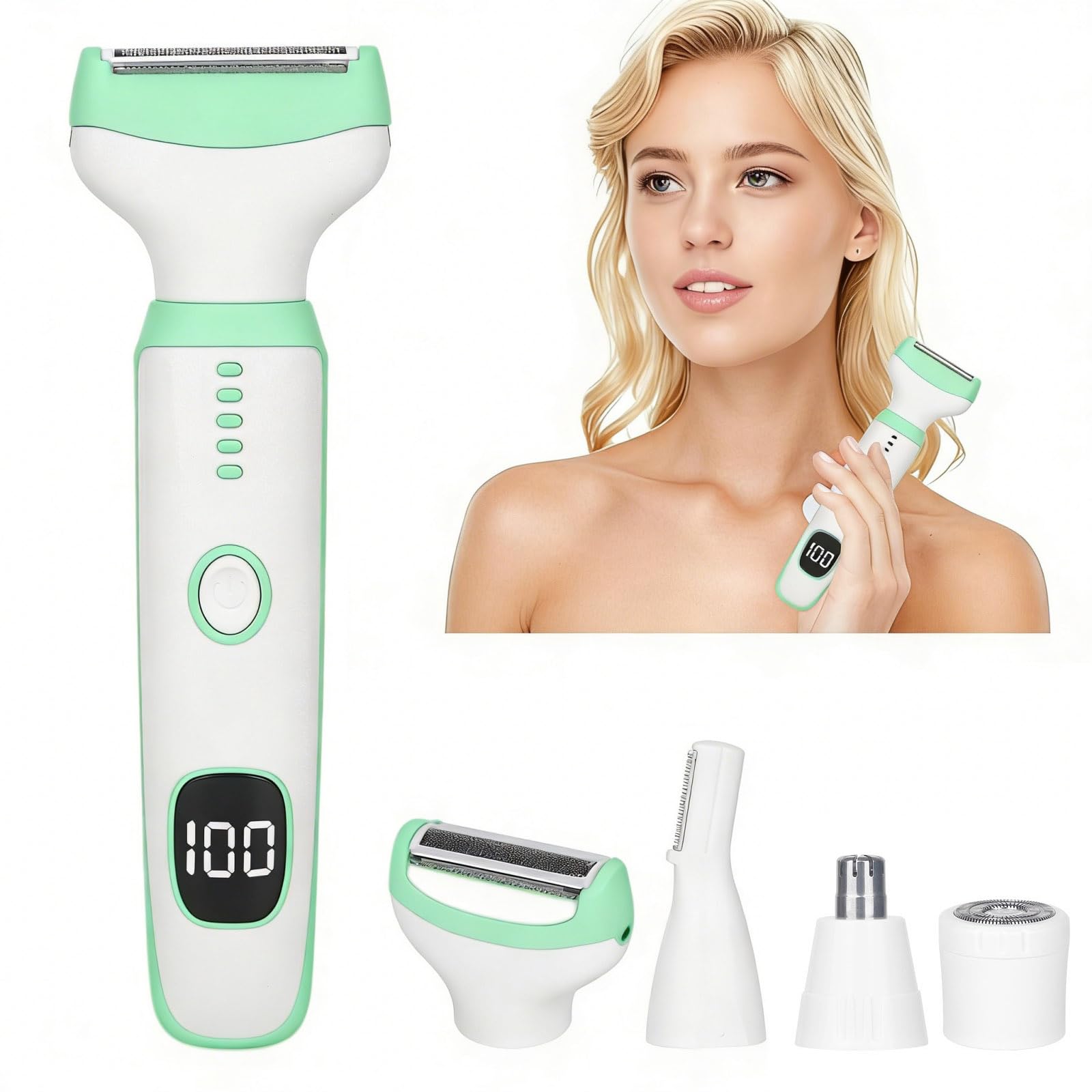 Beanify 2026 Electric Razor for Women Men,4 in 1 Ladies Wet & Dry Body Razors and Facial Hair Remover,Rechargeable LED Display Hair Removal Kit for Nose Face Body Bikini Hair (Clear)