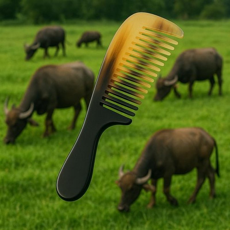 Natural Buffalo Horn Wide Tooth Comb 8 inch – Handcrafted Anti-Static Detangling Comb for Hair & Beard Grooming, Natural Marbled Horn Pattern