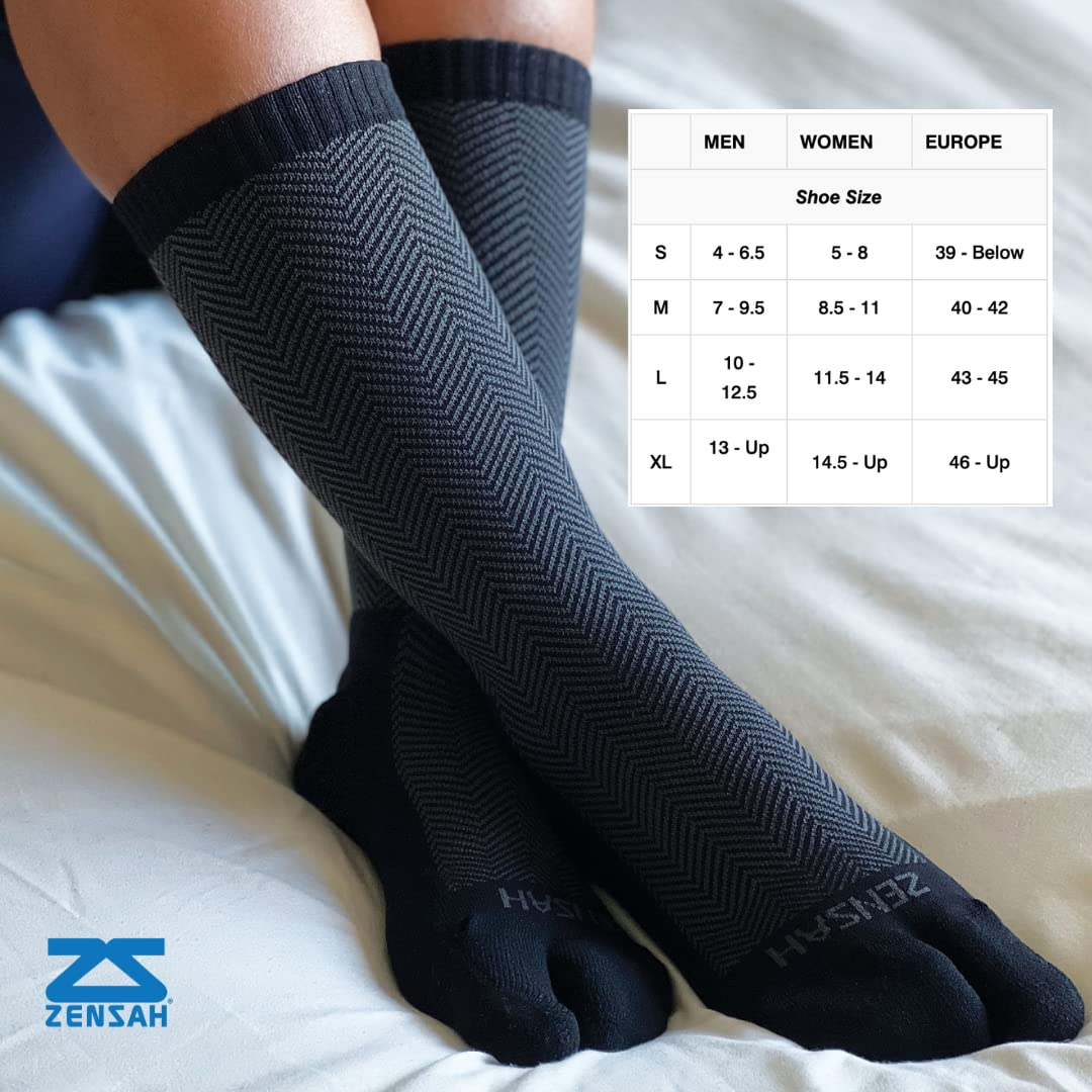 Zensah Bunion Ease Corrector Relief Sock - Toe Separator Design (2 Pairs - Black/Grey, Large)