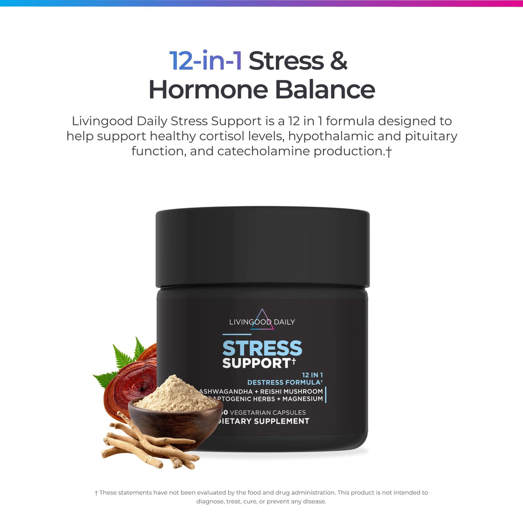 Livingood Daily Stress Support, 12-in-1 Supplement with Ashwagandha, Reishi Mushroom, Vitamin B6, Adaptogenic Herbs & Magnesium, Supports Mood & Calm, Gluten Free, Vegan, 60 Vegetarian Capsules