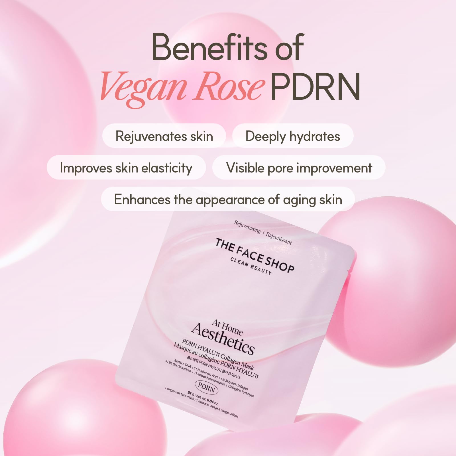 The Face Shop Rose PDRN Pink Collagen Face Mask, Korean Glass Skin Essential, Hyaluronic Acid for Moisturizing & Skin Elasticity, Firming, 4EA