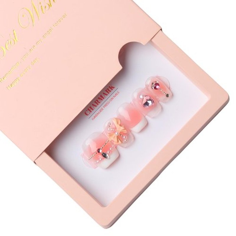 CHARMARK Press on Nails Short Square Handmade Gel Manicure, Unique Exquisite for Daily, Party, Bridal Decorations Nail Kit, 10Pcs Reusable Well Made Glue/Stick on Nail (01.pink French, S)
