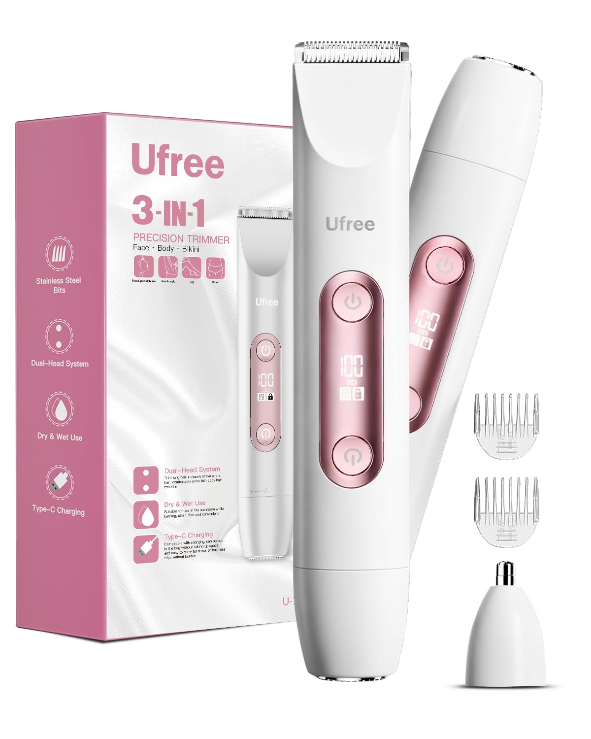 Ufree Bikini Trimmer Electric Razors for Women Dual Head, Pubic Body Hair Trimmer Electric Shaver for Face, Legs, Arm, Rechargeable Lady Shaver Waterproof, Summer Grooming Kit