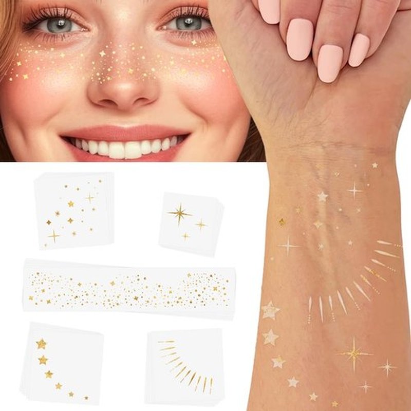 TWINKLING LIGHTS VARIETY SET of 25 assorted premium waterproof metallic gold jewelry temporary foil face Flash Tattoos, face sparkle, face glitter, metallic tattoo, eye jewel, New Years Eve
