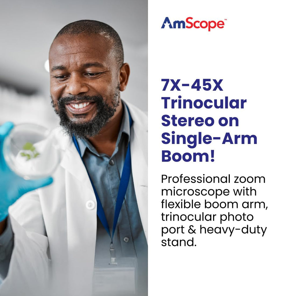 AmScope SM-3T Professional Trinocular Stereo Zoom Microscope, WH10x Eyepieces, 7X-45X Magnification, 0.7X-4.5X Zoom Objective, Ambient Lighting, Single-Arm Boom Stand