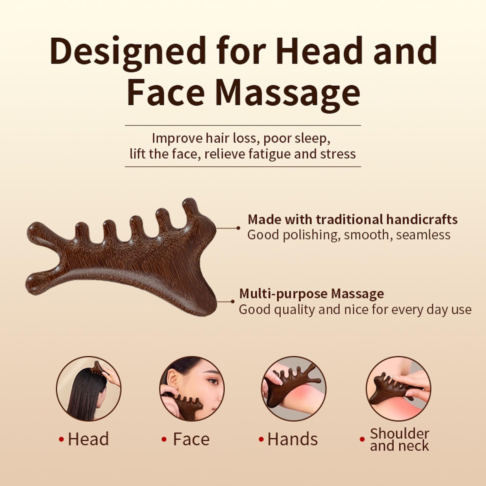TAIHI Wooden Scalp Massager Comb, 100% Natural Wood Massage Comb for Hair Growth, Stress Relief, Multi-Function Gua Sha Tool for Head Face Neck, Anti-Static Wooden Comb for Women Men All Hair Types