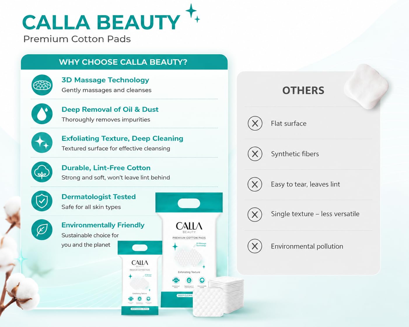 CALLA BEAUTY Deep Clean Cotton Pads for Face (300 Counts (Pack of 2)), Textured Woven Cotton Rounds, Thick & Tear-Resistant, Low Lint Makeup Remover Pads for Toner & Cleansing