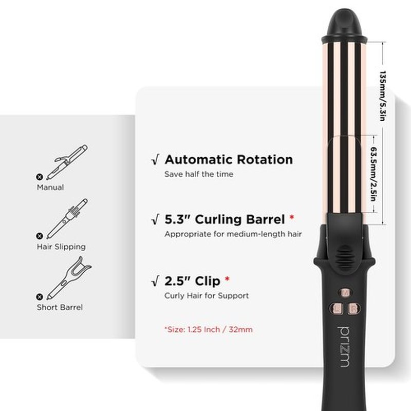 Prizm 1.25inch/32mm Automatic Curling Iron for Big Curler, Rotating Curling Wand Up to 450°F, LCD Display, Auto-Shut Off & Dual Voltage, Negative Ion