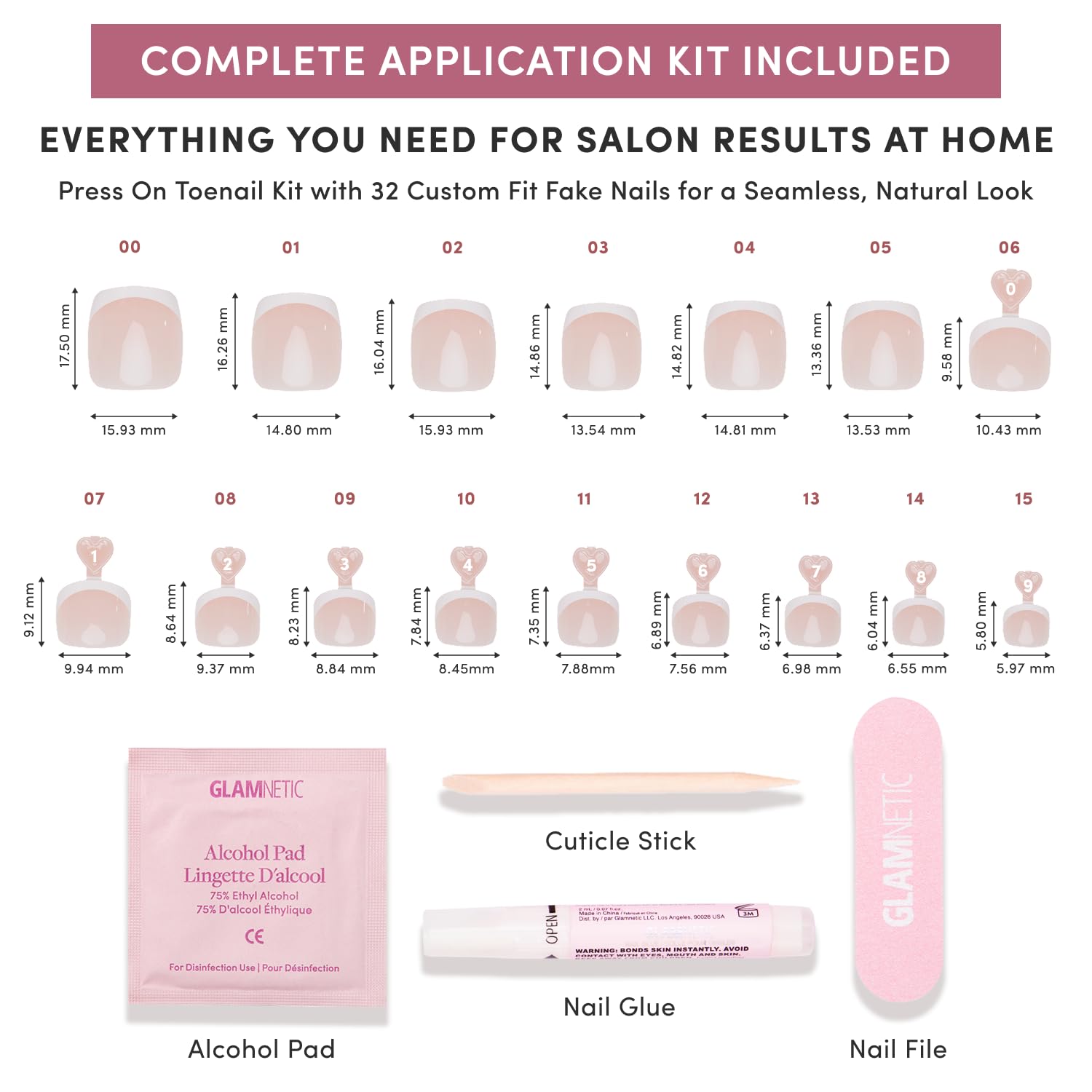 Glamnetic Press On Toenails - Natural Fake Nails | Classic White French Tip Press On Toenails, Salon Quality Press On Nails Kit with Glue | Ma Damn - 32 Nail Set in 16 Sizes
