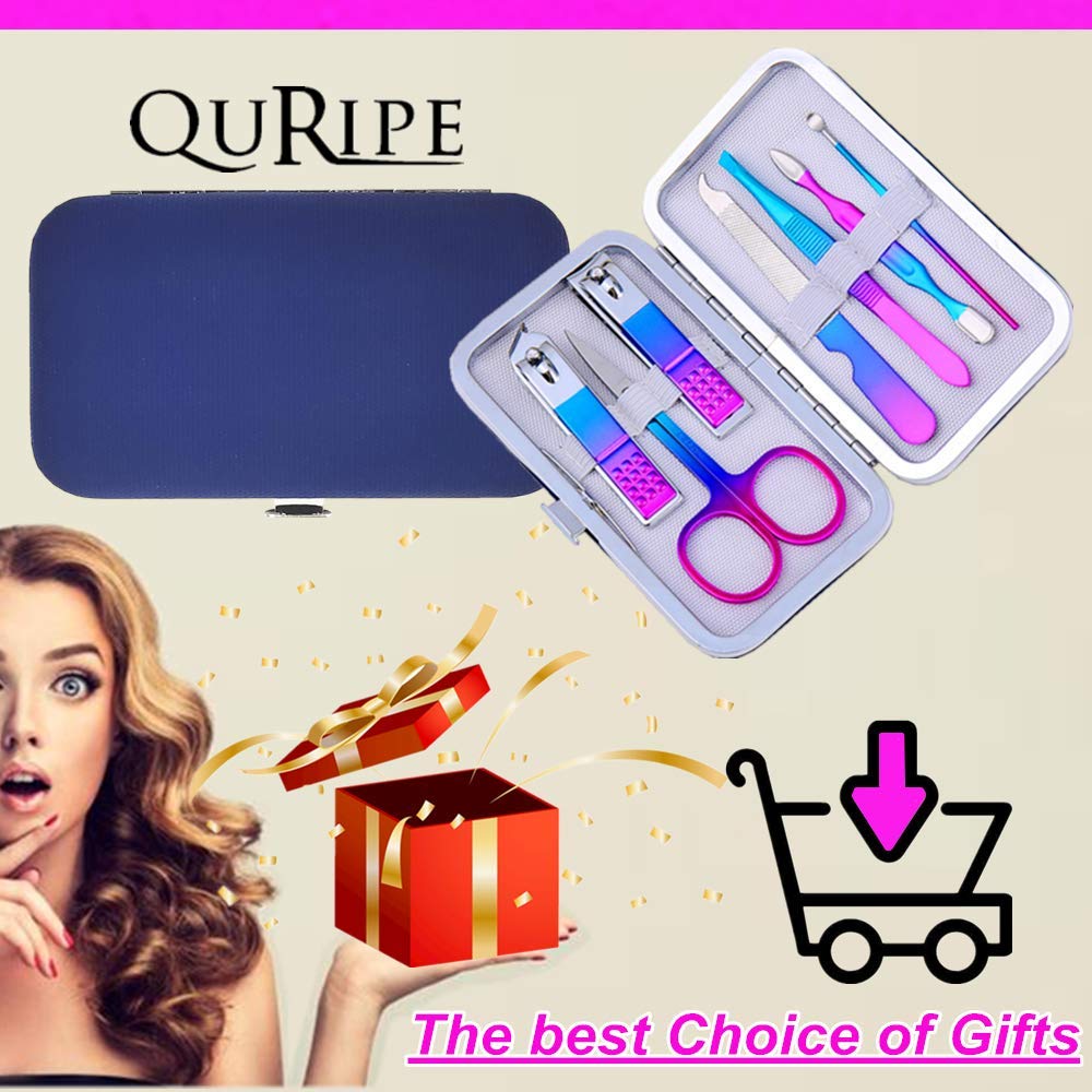 QURIPE 7pcs Manicure Set, Nail Clippers Kit, Stainless Steel Manicure Kit, Nail Clipping Tools Portable Travel Grooming Kit, The Best Gift with Luxurious Case(Multicolor)