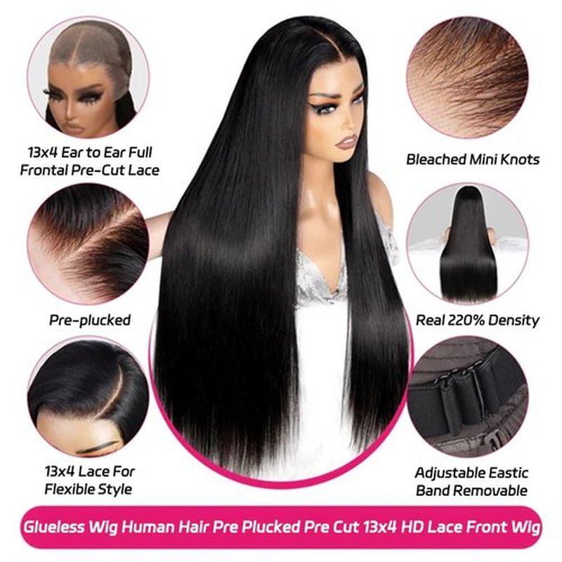 Amella 16 Inch 220% Density 13x4 HD Lace Closure Wigs Human Hair Glueless Wigs for Black Women Pre Plucked Pre Cut Bleached Knots Wig