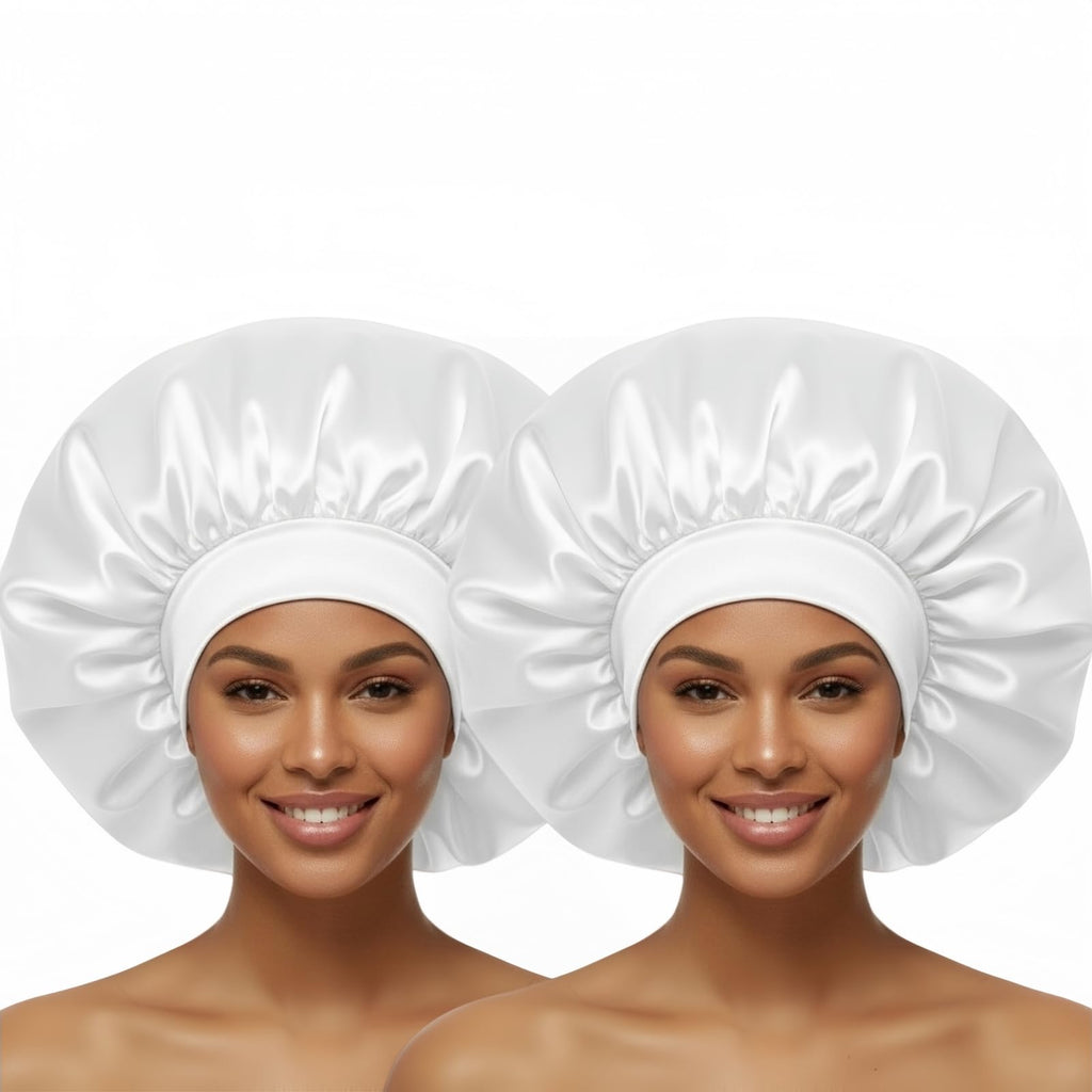 White Silk Bonnet for Sleeping Women Braid Bonnet XL Large Satin Hair Bonnets for Sleeping Long Hair Jumbo Silk Sleep Night Cap 2 Pack