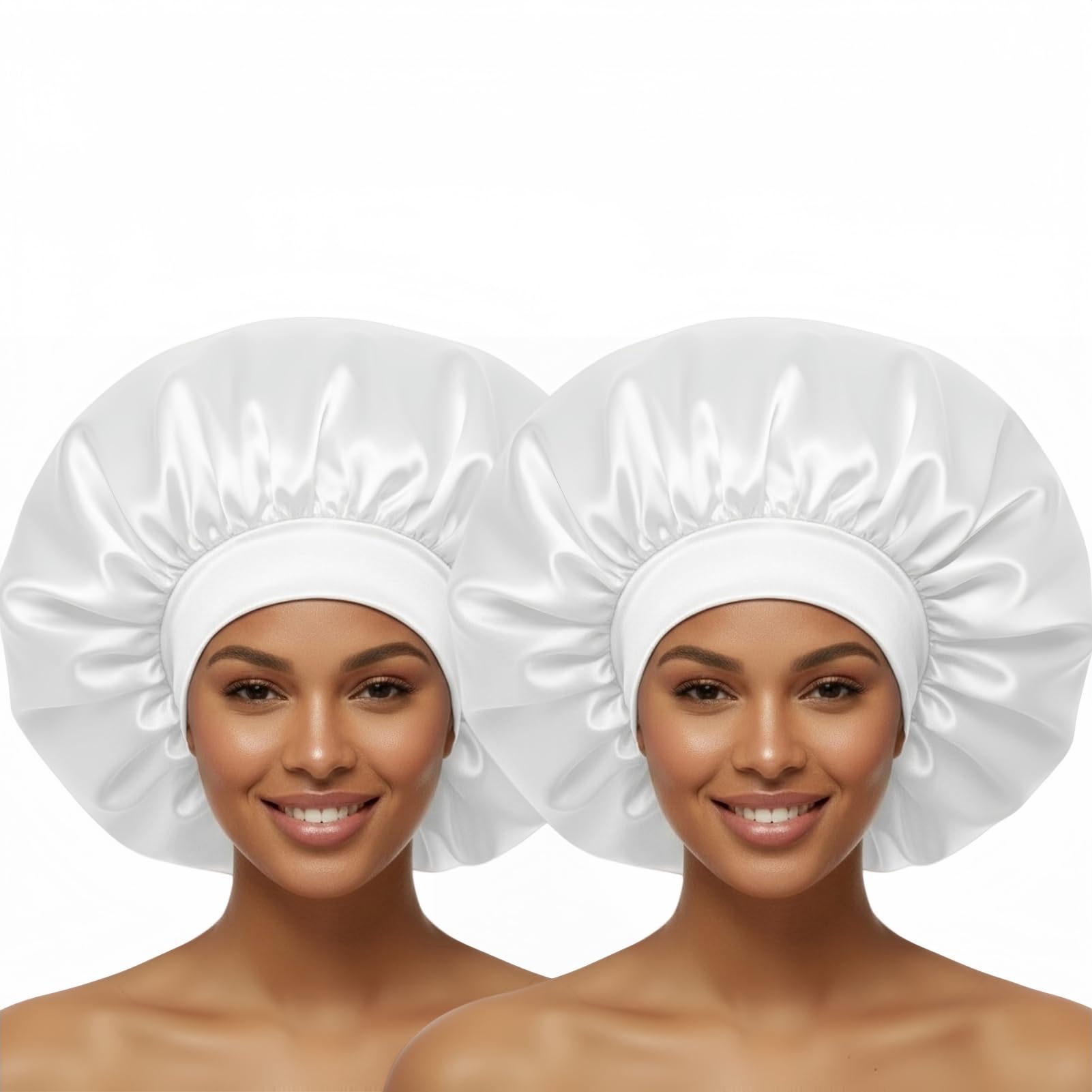 White Silk Bonnet for Sleeping Women Braid Bonnet XL Large Satin Hair Bonnets for Sleeping Long Hair Jumbo Silk Sleep Night Cap 2 Pack