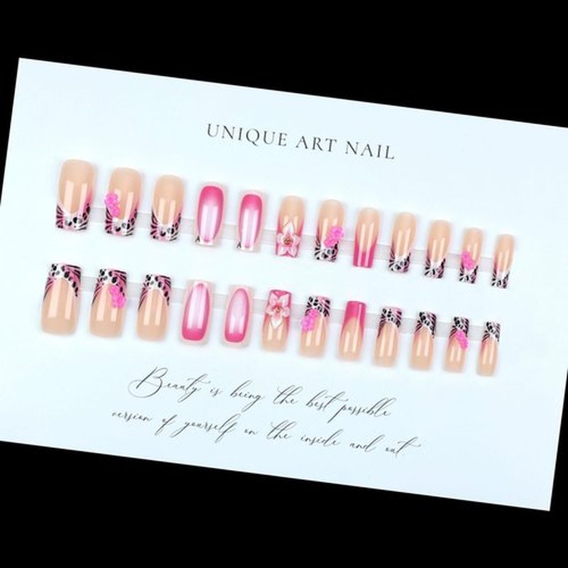 OCTOSWAVE French Press on Nails Long Square Fake Nails Pink Artificial Nail with 3D Flowers Charm Stick on Nail for Women 24pcs