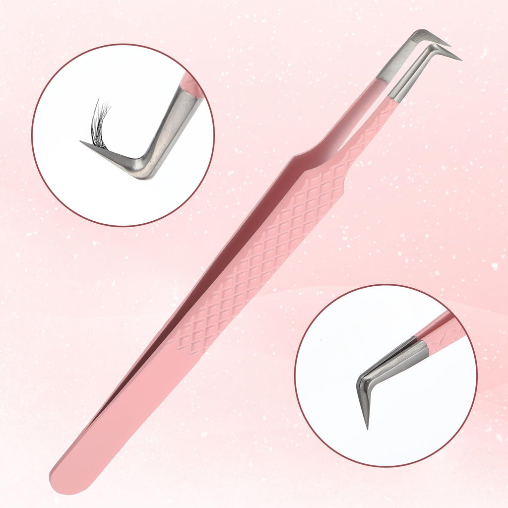 90 Degree Lash Tweezers for Eyelash Extensions Fiber Tip Tweezers for Lash Extension High Precision Eyelash Extension Tweezer for Volume & Classic Lashe Pink