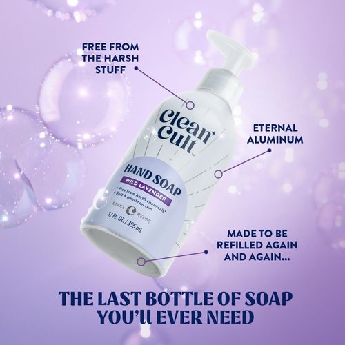 Bundle of Cleancult - Liquid Hand Soap Refills - Wild Lavender - 32 oz/1 Pack + Moisturizing Liquid Hand Soap - Refillable Aluminum Bottle - 12 oz