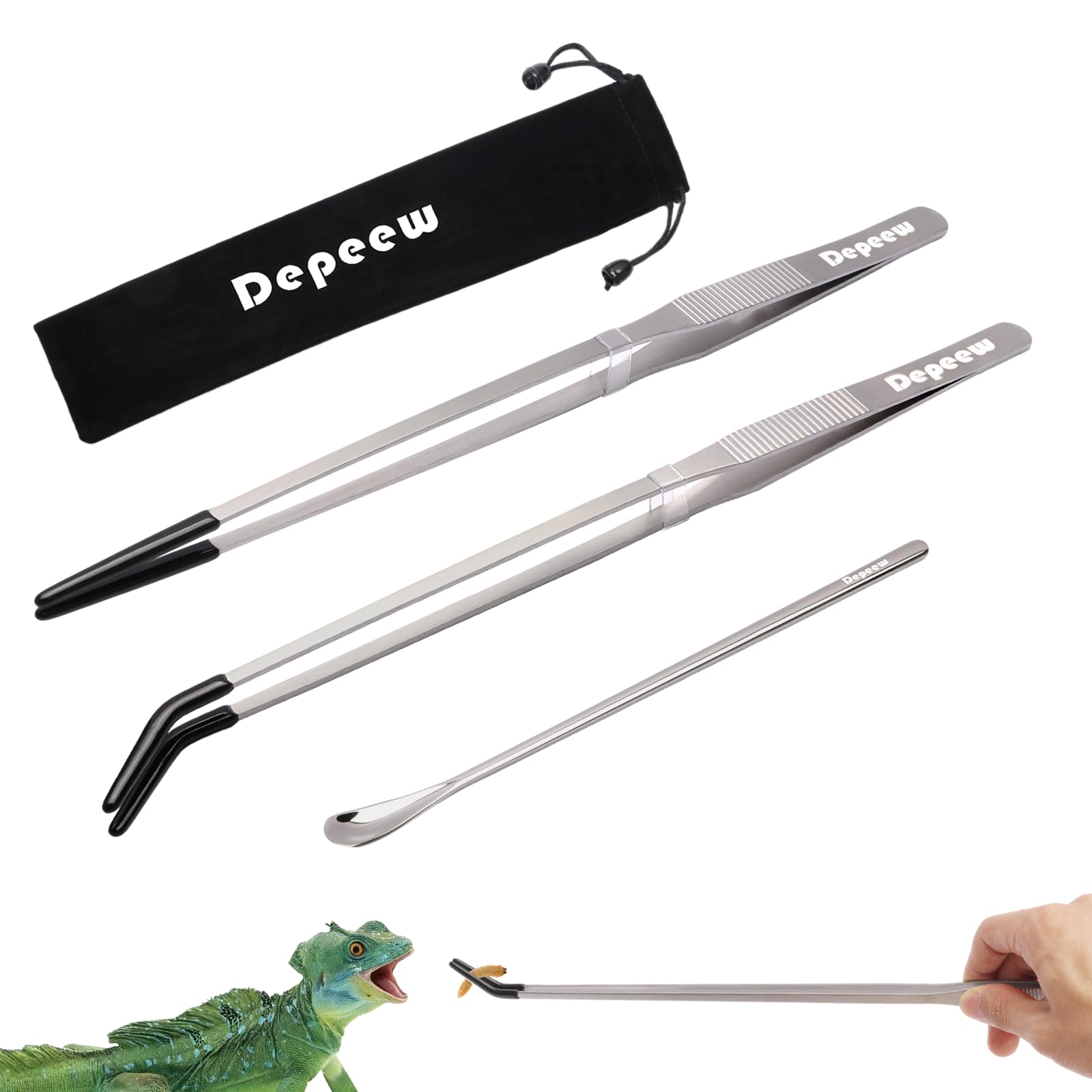 Depeew Reptile Feeding Tongs, Stainless Steel Long Tweezers Set, 4 Pack