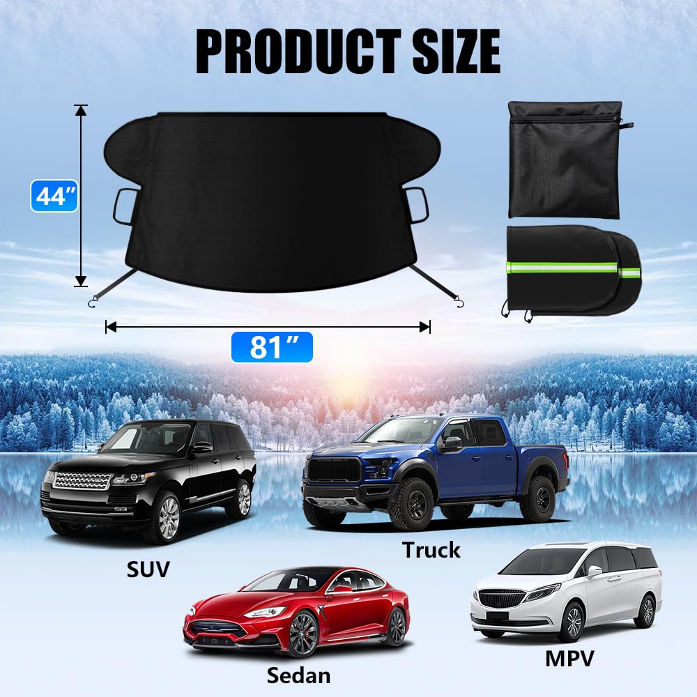Sompaty Car Windshield Cover for Ice and Snow, Windshield Snow Cover, Performance Brake Kits with Side Mirrors Cover for Snow, Ice, UV Fits Most Cars, Trucks, Vans, SUVs, Black