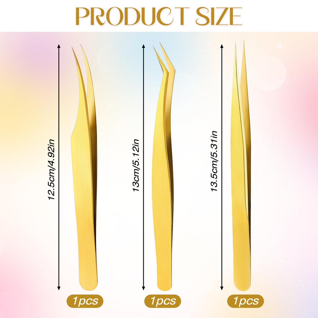 3 PCS Lash Tweezers for Eyelash Extensions, High Precision Gold Metal Tweezers Set Fiber Tip and Curved Isolation Tweezers Eyelash Extension Tools for Women Volume Lash, Crafting, Jewelry Making
