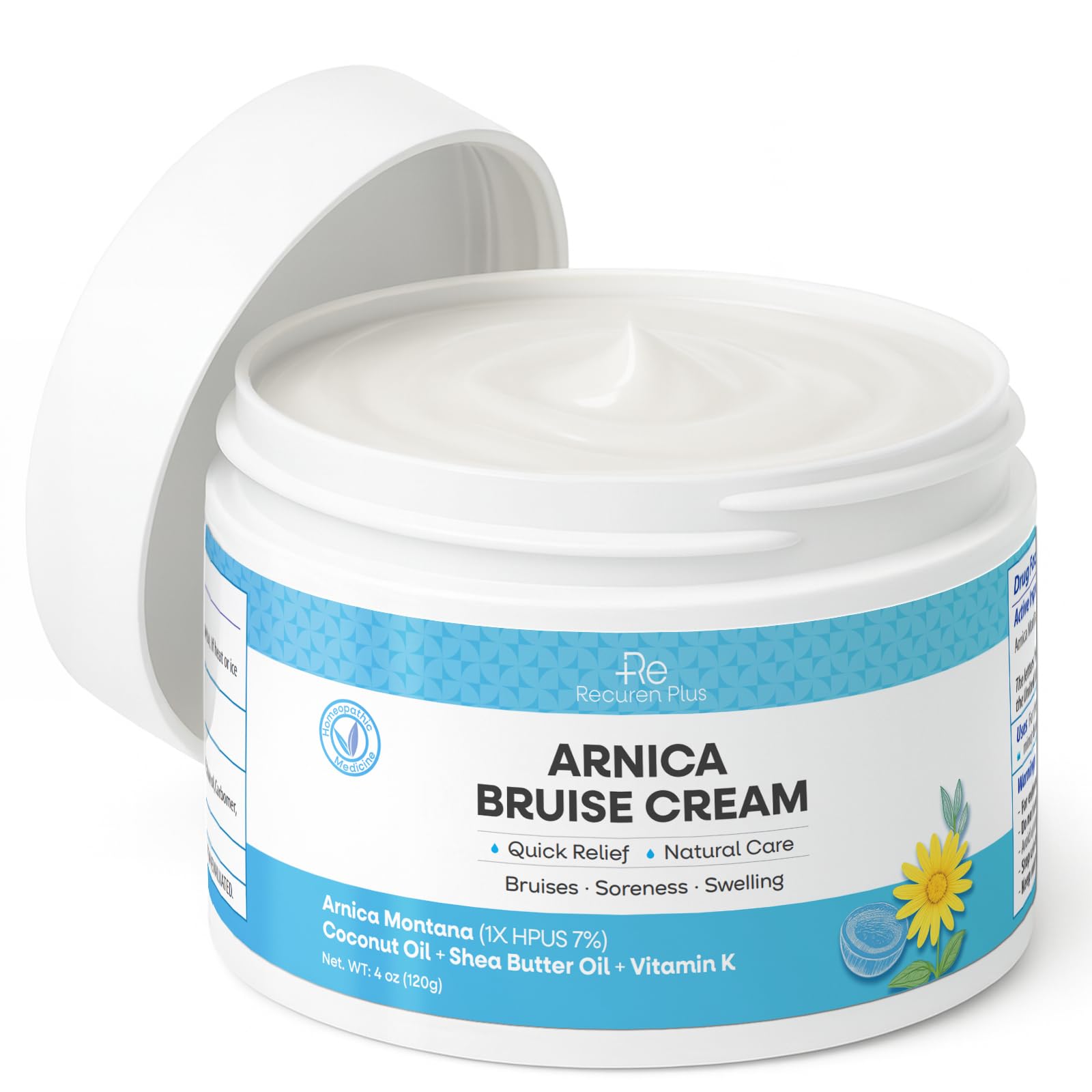 Recuren Plus Arnica Bruise Cream Extra Strength: Rapid Relief for Bruising Swelling Soreness Pain on Thin Skin - Potent Arnica Montana with Vitamin K Coconut Shea Butter - Face & Body