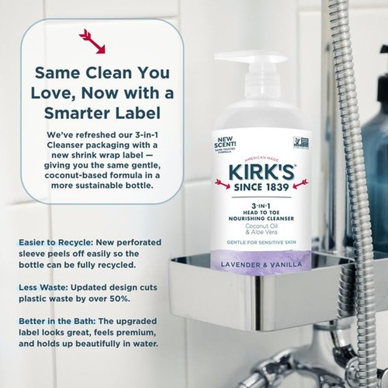 Kirk's 3-in-1 Head to Toe Nourishing Liquid Cleanser- for Men, Women & Children - Premium Coconut Oil & Aloe Vera- Non GMO & Vegan - Lavender and Vanilla - 32 Fl Oz. - 2 Pack