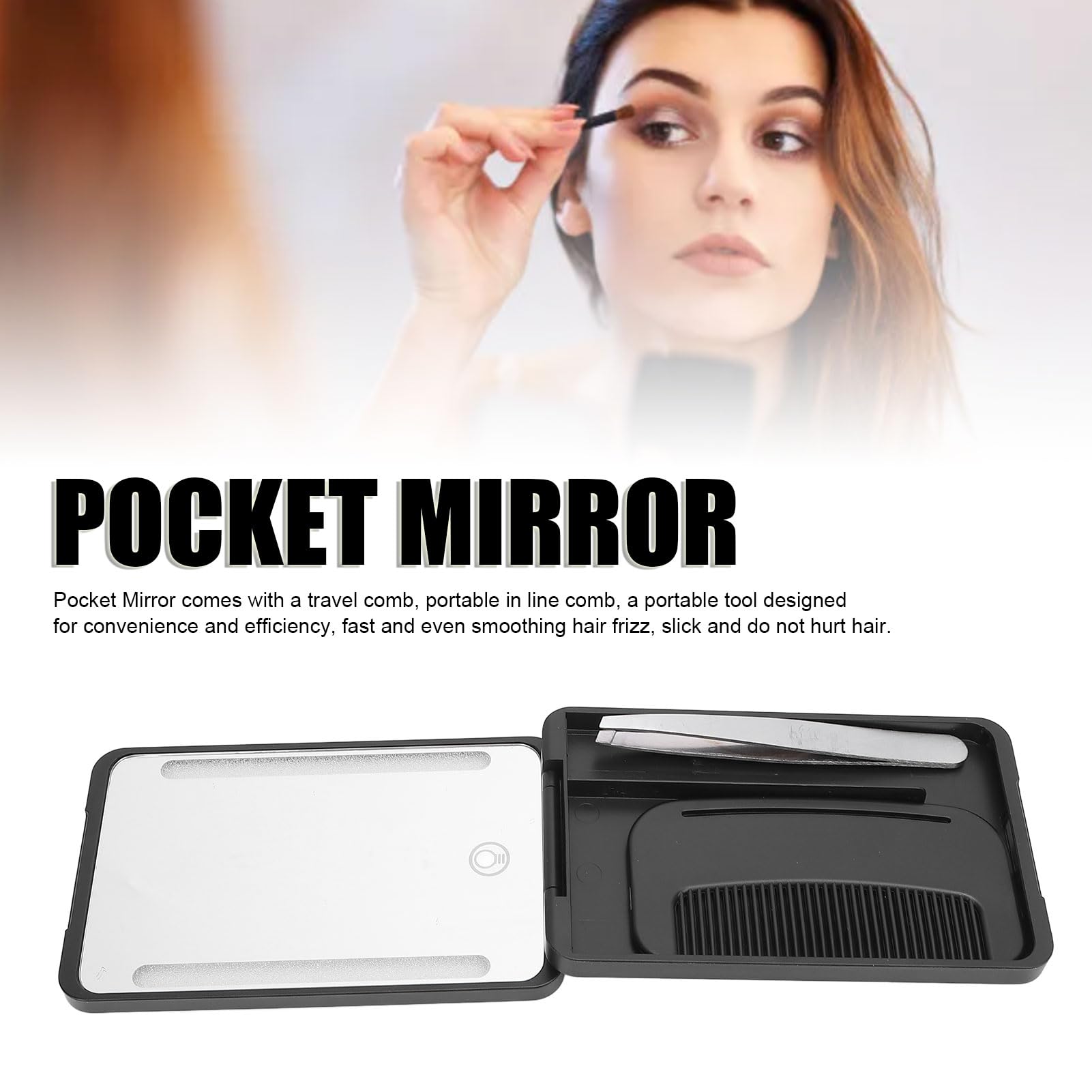 Yechiry LED Lighted Pocket Mirror, Rechargeable Compact Makeup Mirrorwith Travel Comb, Metal Eyebrow Tweezer & Smart Fill Light for Travel (Black)