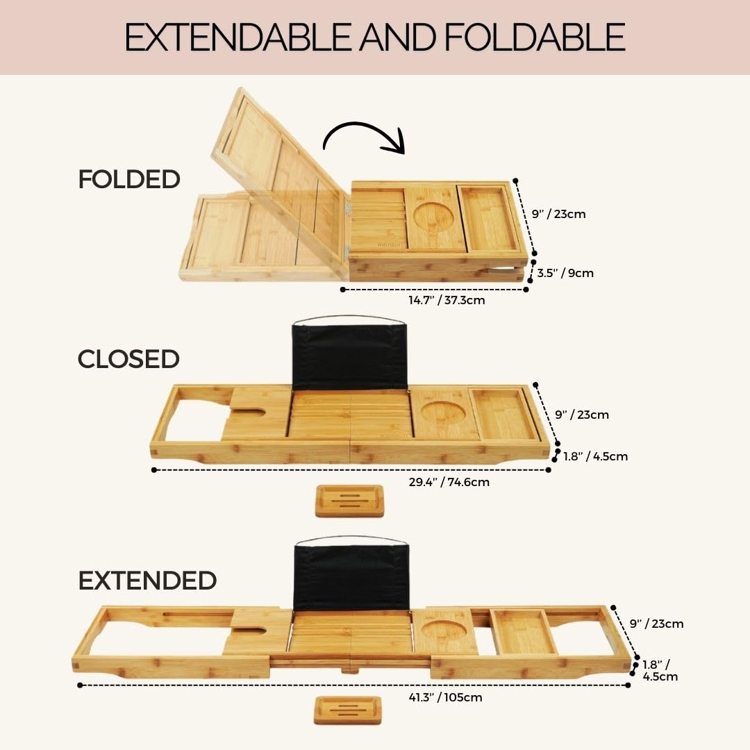 Bamboo Bathtub Tray Caddy Expandable - Over The Tub Bath Caddy Tray for Bathtub Accessories for Relaxing Spa, Bamboo Bath Tray for Tub Accessories for Bathtub for Women. Bath Spa Gifts for Women.
