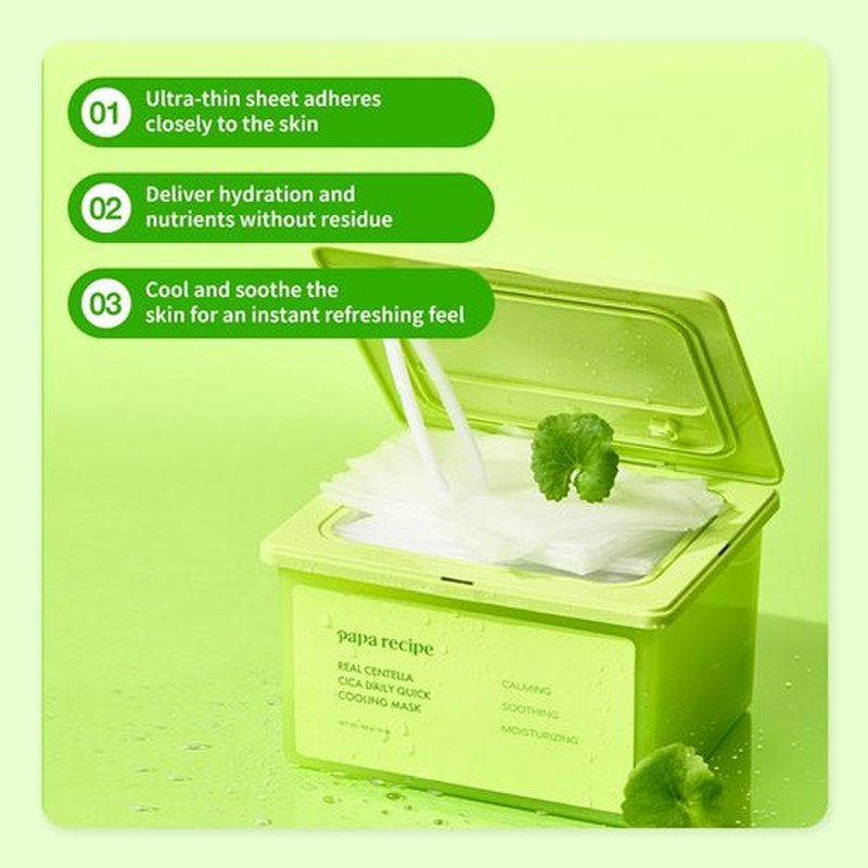 Papa Recipe Real Centella Cica Daily Cooling Facial Masks (30 Sheets), Instant Soothe & Calm, Hydrating Face Masks, Dermatologist-tested, Sensitive & Acne-Prone Skin Friendly, Korean Skincare
