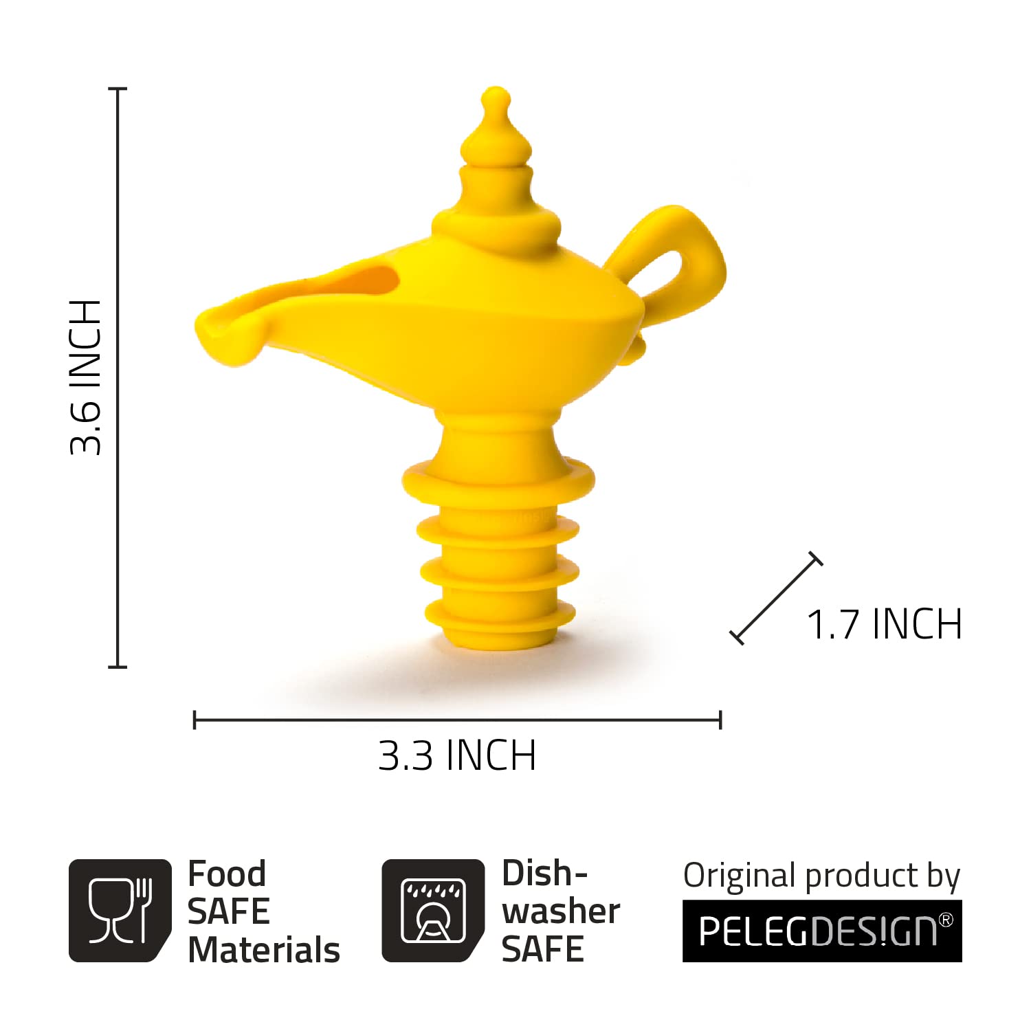 Peleg Design Oiladdin Oil Pourer and Stopper, Silicone Oil Pour Spout for Olive Oil, Aladdin Lamp Design Oil Dispenser Bottle Stopper, 8x9x4.5 cm, Yellow