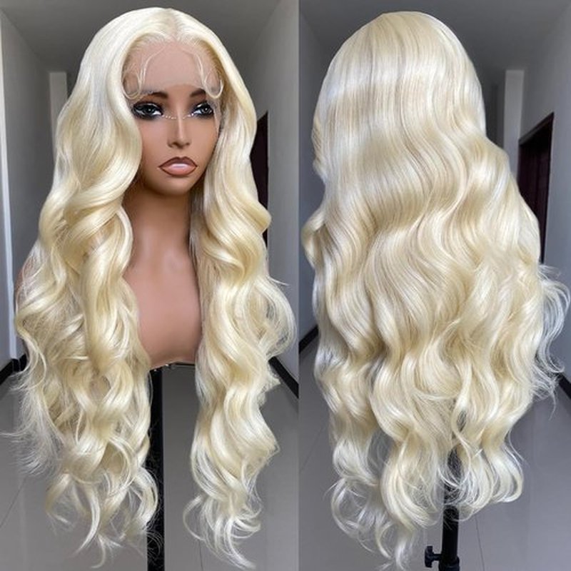 SISgrace 613 Platinum Blonde Lace Front Wigs Synthetic Body Wave Wear and Go 13x4x1 T-part Lace 28 Inch Pre-Plucked with Baby Hair HD Glueless Lace Front Wig for Women