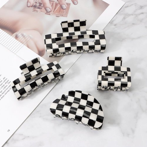 Atoden Checkered Hair Clips for Thick Thin Hair 4Pcs Large Medium Small Square Claw Clips Non Slip Strong Hold Jaw Clips Y2K Hair Accessories for Women Girls Black White