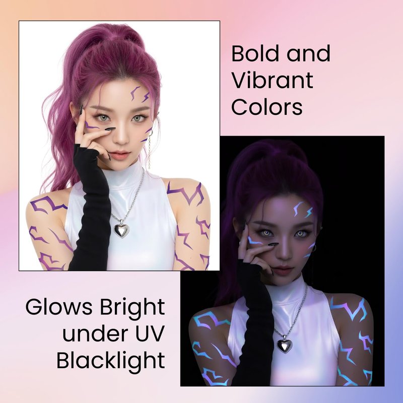 UV Glow Pattern Temporary Tattoos | 3 Sheets Purple Demon Energy Pattern | Blacklight Activated Neon Blue | Hunter Cosplay | Fake Tat Stickers | Kpop Birthday, Glow Party, RPD, Halloween